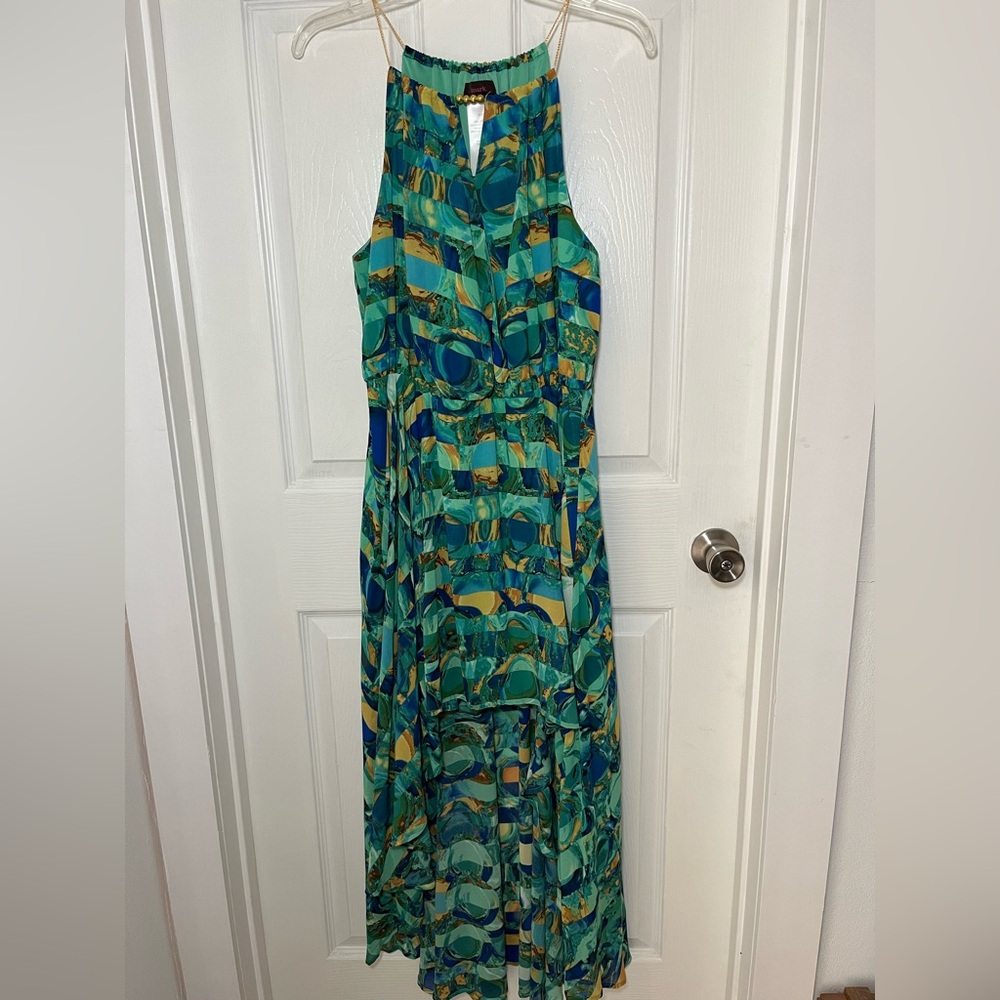 mark. Green and Blue High Low Halter Dress